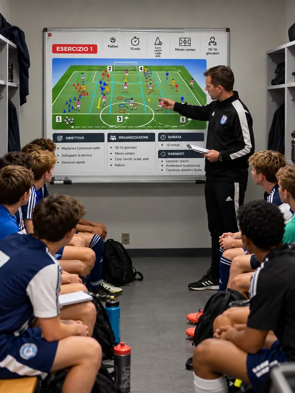 Allenatore che spiega un esercizio alla squadra con la scheda sulla lavagna